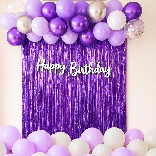 Image of The FOMO Factory All-In-One Purple Birthday Decoration Kit | Easy DIY Balloon Arch, Metallic Purple Foil Curtains, Happy Birthday Banner | Pink Happy Birthday Decor for Girls Daughter Teen (Purple53)