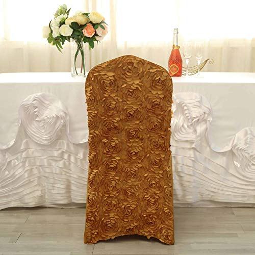 Balsacircle 10 Pcs Gold Satin Raised Roses Spandex Stretchable Banquet Chair Covers Slipcovers For Wedding Reception Decorations #TOP1