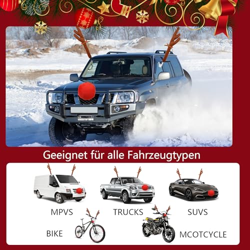 agctrler Rentier Geweih Auto Weihnachten, Rentiergeweih Auto mit 2 Geweih und 1 Rote Nase, Rentier Kostüm für Auto Truck Van SUV, LKW
