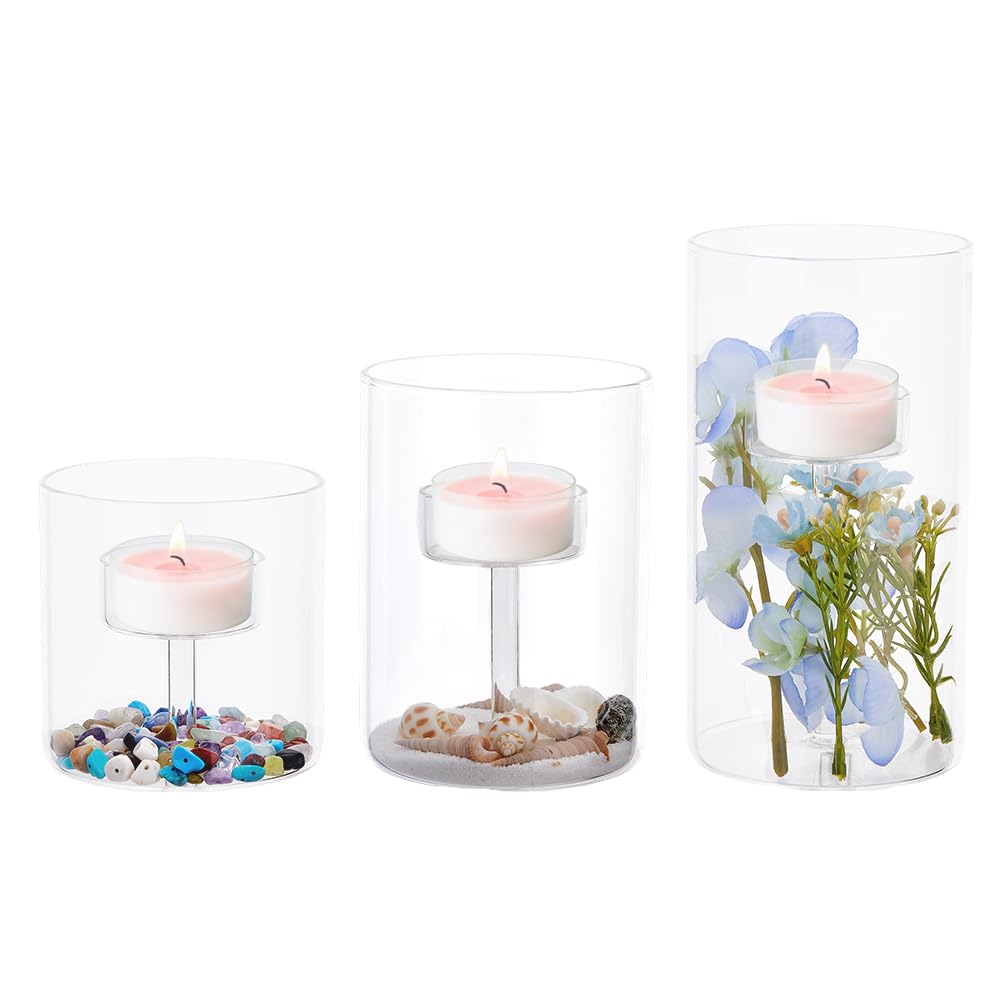 SUPERFINDINGS 3 piezas 3 estilos Portavelas de té transparente de vidrio transparente portavelas en paquetes a granel Portavelas de cristal transparente para Navidad, Año Nuevo Decoración de mesa para