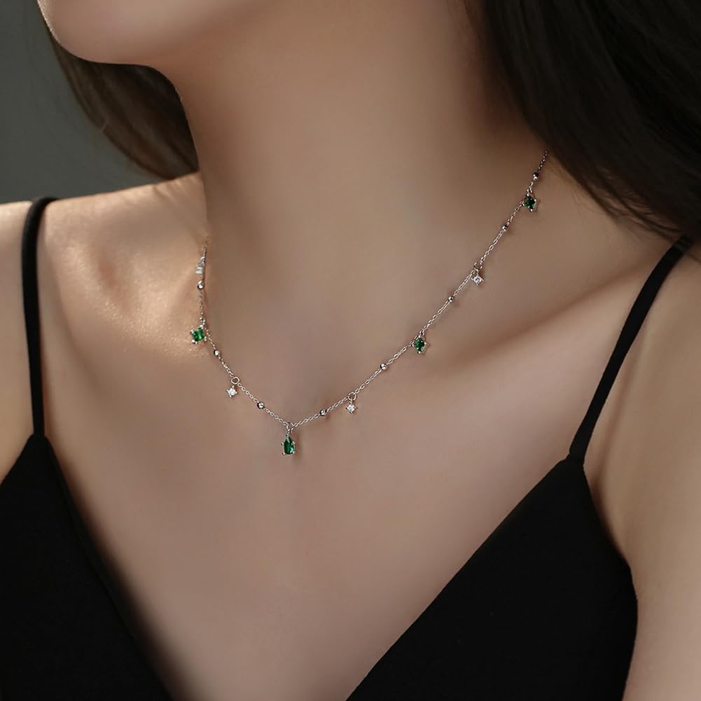 925 Sterling Silver Emerald Green CZ Drop Stations Chain Necklace for Women