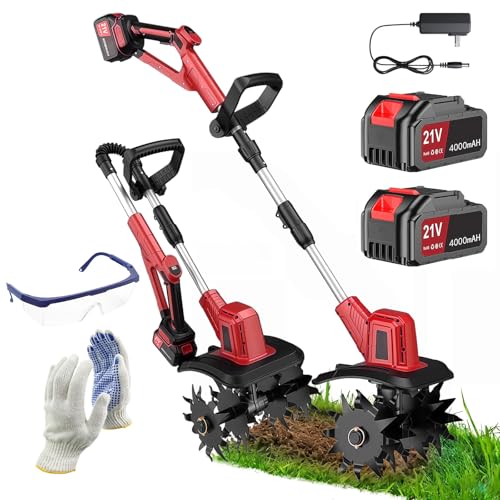 Electric Cordless Tiller Cultivator 21V Lightweight Tiller for Gardening 12 in Tilling Width 8 in Depth Rototiller with 2 * 4.0Ah Batteries and Charger for Garden Lawn and Soil Cultivation Red