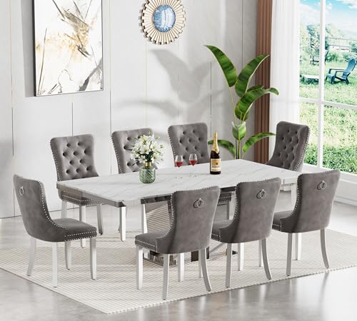 Image of 9-Piece Extendable Dining Table Set for 8, Modern 63 inch-94 inch White Faux Marble Expandable Kitchen Table Set with 8 Velvet Chairs, Large Extendable Dining Room Tables with Mirrored Columnar Base