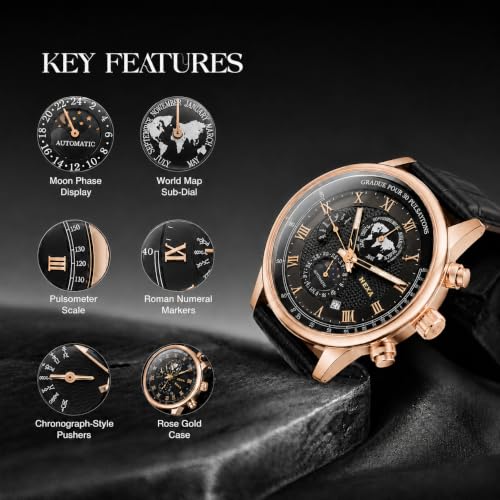 Image of Hexa Hustler Automatic Mechanical Watch for Men | Multifunction Analog Black Dial | Leather Strap | 45mm Round Case | Mineral Glass | 3ATM Water Resistant Luxury Watch