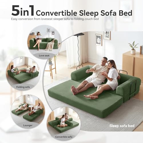 Image of Convertible Floor Sofa Bed with Fixed-Shape Frame, King Size Floor Sleeper 5-in-1 DIY Combination Modular Sofa, Modular Chenille Folding Mattress Couch for Living Room Bedroom Playroom (Green)