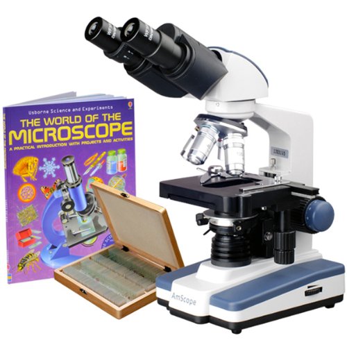 AmScope 40X-2500X LED Lab Binocular Compound Microscope with Double Layer Mechanical Stage + Book + 100 Prepared Slides