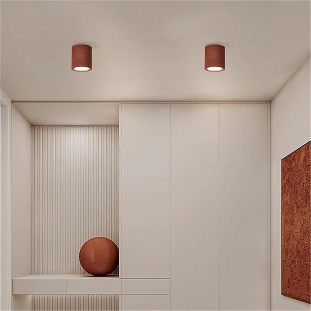 Lámpara techo cilíndrica nórdica moderna con pantalla acrílica, montaje semiempotrado, escultura hecha a mano, cuerpo resina, lámpara techo(Rouge)