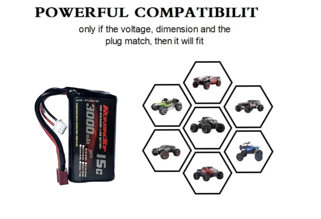 RoaringTop Batterie 7,4V 3000mAh 2S Rechargeable Li-ION Batterie avec T Plug et 2 Chargeurs USB pour Voitures RC Grande Vitesse 4WD et la Plupart des Voitures RC Camions à l’échelle 1/10, 1/12, 1/16