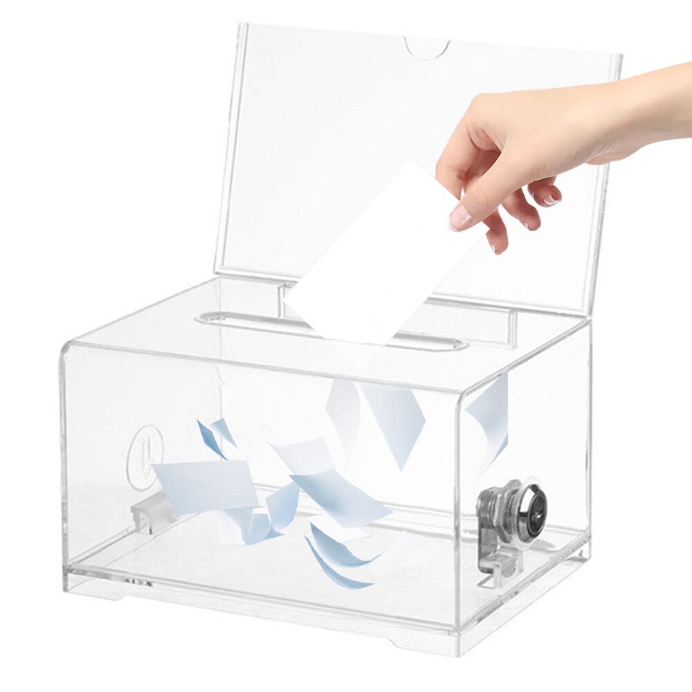 Boîte de dons verrouillable en acrylique avec clé, urne de vote transparente avec autocollants, boîte à dons avec serrure, boîte de dons scellée pour vote, jeux au sort, 16 x 11,8 x 10 cm