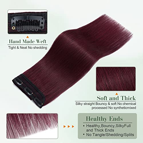 Image of Benehair Burgundy One Piece Clip in Hair Extensions Human Hair Wine Red Clip ins 10inch 3 /4 Full Head Remy Long Straight Natural Soft 5 Clips