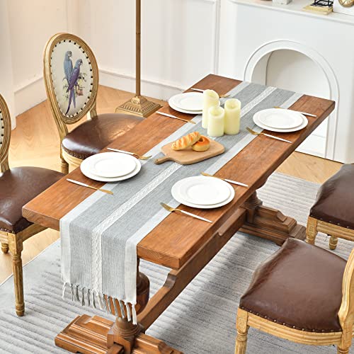 Wracra Embroidered Table Runner Linen Table Runners 60 inches Long with Hand-Tassels for Holiday Party, Wedding and Dining Decorations(Grey, 13\"×60\")