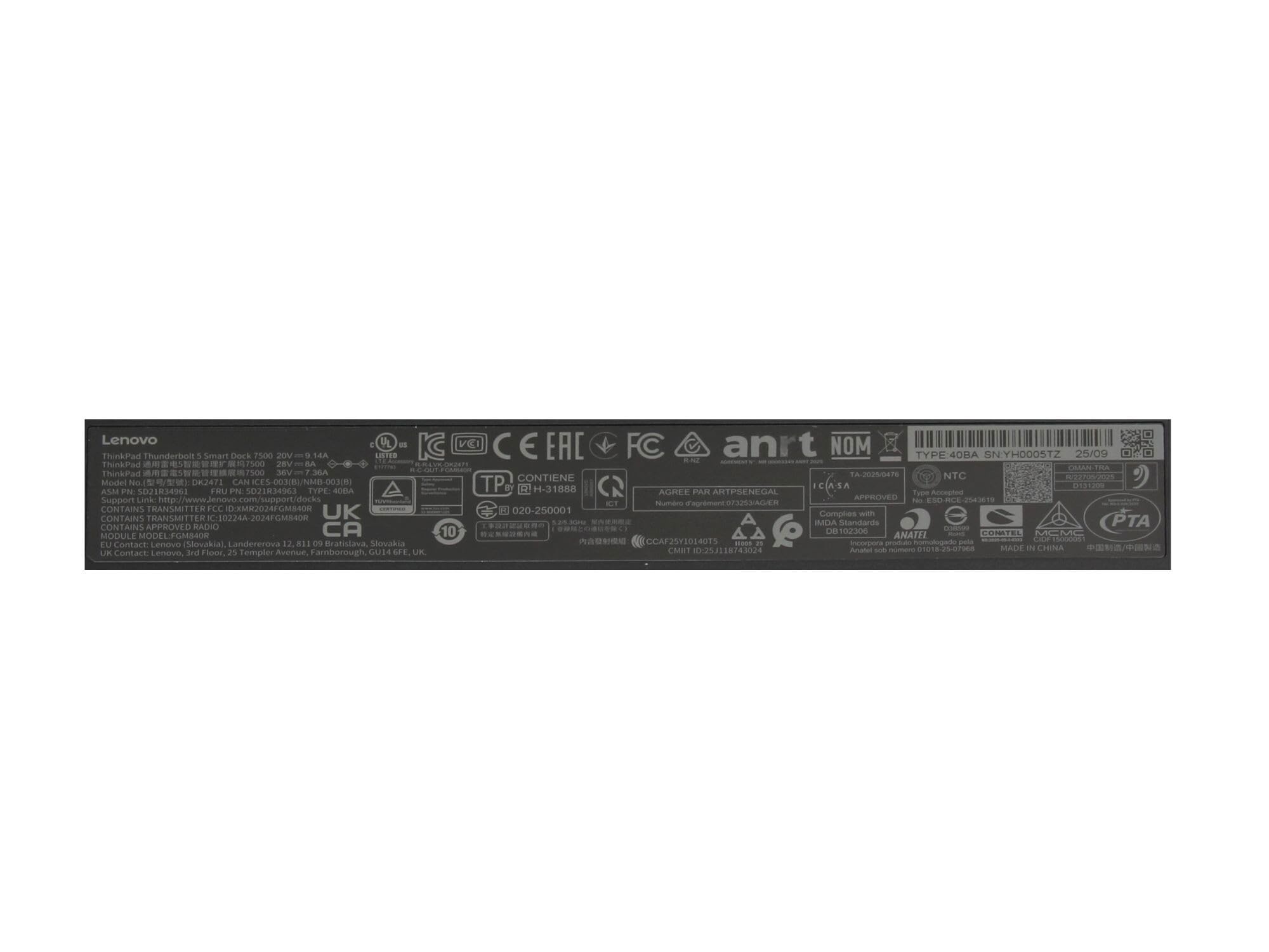Lenovo DK2471 Original Thunderbolt 5 Port Replikator | inkl. 265W Netzteil für ThinkPad P14s Gen 5 (21MF), P16v G3 (21RT), T16 G3 (21V5/21V6)