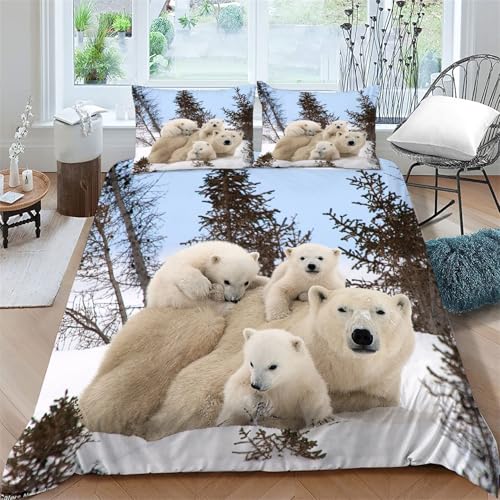 Funda Nordica Cama 180 de 3 Piezas Oso Polar Juego de Ropa de Cama 110gsm Microfibra con Cremallera Oso Funda EdredóN 260x240 cm con 1 Funda de Almohada 50x75cm