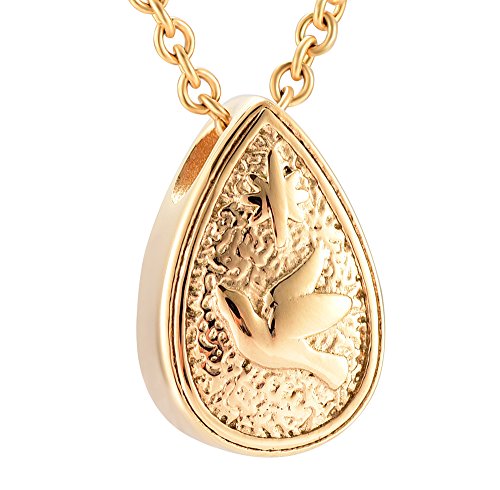 KBFDWEC Dove Engraved Tear Drop Shape Cremation Urn Necklace Memorial Jewelry Stainless Steel Ashes Locket Pendant Gold