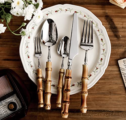 Bamboo Silverware Set for 12 , Natural Flatware Cutlery Set Tableware Utensil Set Knives Forks Spoons, Dinnerware Sets for Christmas Party Kitchen Wedding Gifts 60-piece