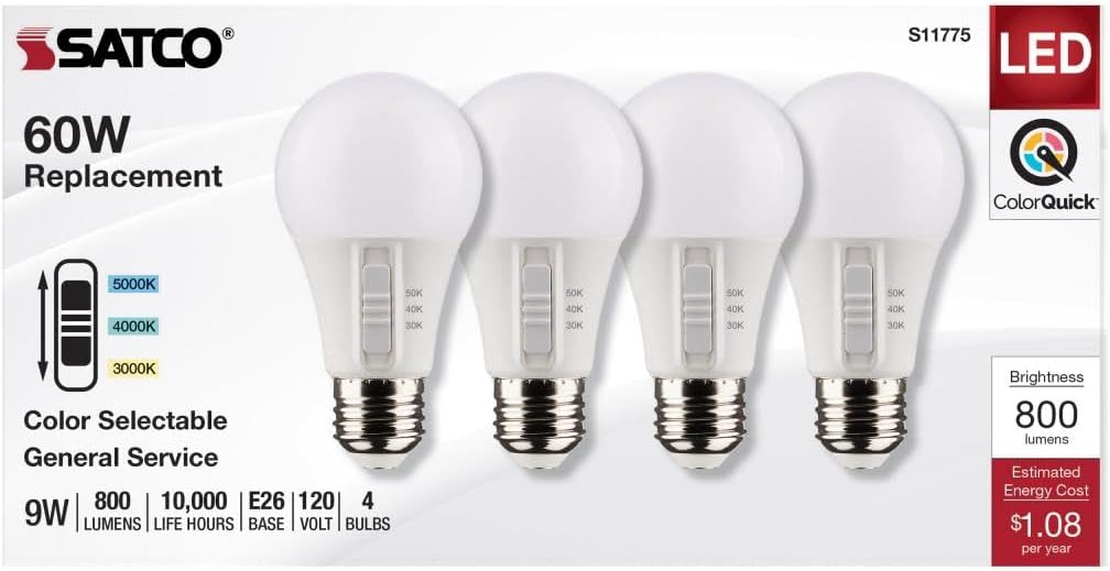 Satco S11775 9W 120V A19 LED Light Bulb; E26 Medium Base; CCT Selectable; White Finish; 90 CRI (4 LED Bulbs)