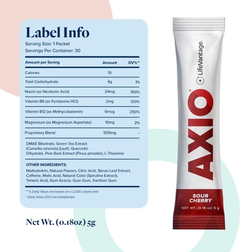 Image of LifeVantage AXIO Regular Energy Drink Powder, Nootropic Supplement, Focus & Mood Support, with L-theanine, Green Tea, B Vitamins, DMAE, Quercetin & Pine Bark, Sour Cherry, 30 Packets