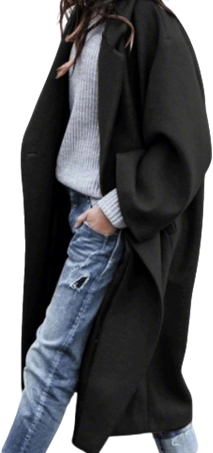 INVACHI Women's Loose Fit Peacoat NotCH Lapel Solid Trench Coat Thermal Long Overcoat for Women