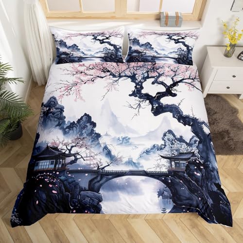 Homewish Housse de Couette 200x200 Fleur de Cerisier du Japon, Parure de Lit Adulte Chinois...