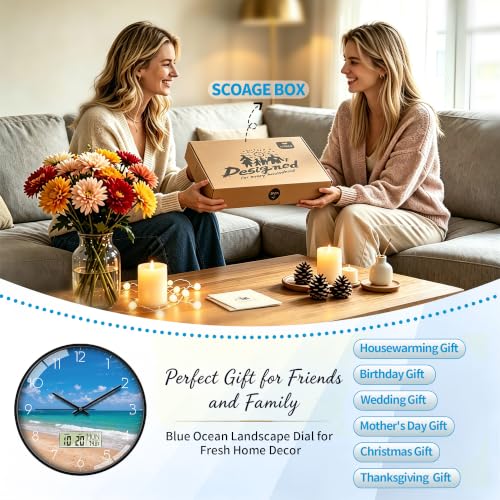 Image of 12'' Coastal Beach Wall Clock, Analog Clock with Digital Display | Silent Non-Ticking, Battery Operated, Shows Date Day & Temperature, Decorative for Living Room, Bedroom, Kitchen, Office