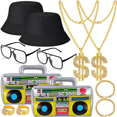 YAROMO Hip Hop Costume Kit, 12 PCS 80s/ 90s Hip Hop Rapper Accessories, Hat Sunglasses Gold Chain Bucket Hat Boom Box Gold Rapper Chain Bracelet and Ring with Dollar Sign Pendant
