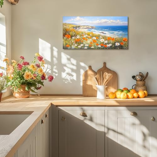 crmotu Coastal Wall Art, Flower Pictures Wall Decor, Large Landscape Wall Art, Seaside Wildflower Art Prints, Seascape Paintings for Living Room Bedroom Bathroom Kitchen Farmhouse Cottage 20x40inch