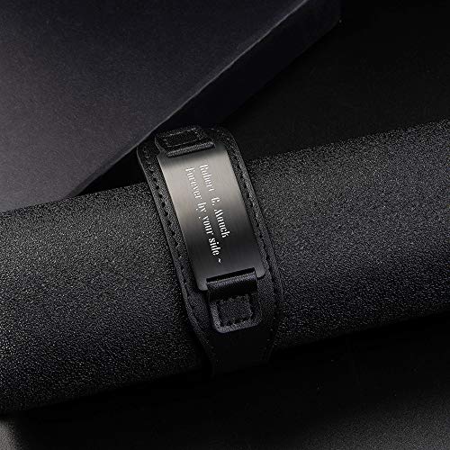 Personalize Custom Free Engraved Brown Black Leather Stainless Steel Bracelet Cuff For Men Women (Black Leather & Black) #TOP5