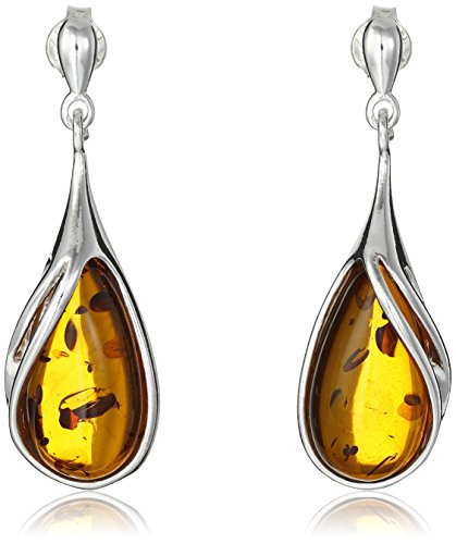 Sterling Silver Honey Amber Drop Pendant Necklace And Earrings Set #TOP2