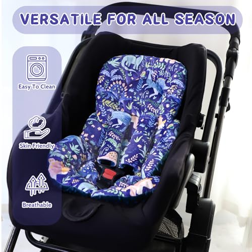 Image of Pea Pod Infant Car Seat Insert with Strap Covers, All in One Reversible Baby Car Seat Head Support for Newborn, 3D Soft Minky Carseat Cushion for Preemie to Infant, Stroller, Swing, Bouncer, Dinosaur