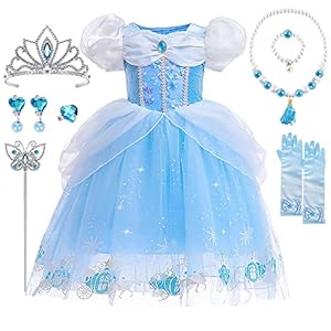 YYDSXK Disfraz Princesa Niña, Disfraz Cenicienta Niña con Conjuntos de Collar de Corona Princesa, Vestido Princesa Niña, Vestido Cenicienta Vestido Elegante para Fiesta Cosplay Cumpleaños