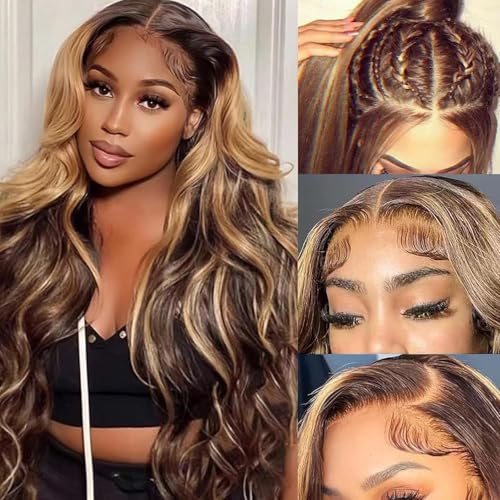 PXTPXT Honey Blonde Ombre Lace Front Wig Human Hair 13x4 HD Lace Front Wig 4/27 Highlight Ombre Body Wave Lace Frontal Glueless Wigs Pre Plucked with Baby Hair 32 Inch