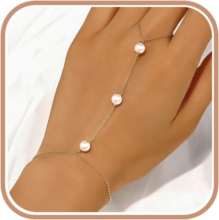 Dainty Pearl Hand Bracelet for Women,925 Sterling Silver CZ Lucky Flower Ring Bracelets to Daughter Mom 14K Gold Plated Trendy Hand Finger Charm Chain Wedding Mother’s Day Jewelry Gifts