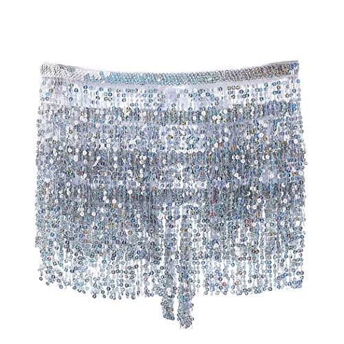 Zoestar Sequin Hip Scarf With Bra Top Dance Performance Costume Tassel Belly Dance Skirt For Women (Silver) #TOP4