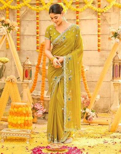 Image of SIRIL Women's Georgette Embroidery Saree With Unstitched Blouse