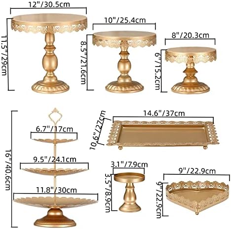 Eidoct Set of 9 Pieces Gold Metal Cake Stand Set, Metal Round Cake Stands Set Cupcake Holder Dessert Display Plate for Birthday Party Wedding Party Afternoon Tea Dessert Display Stands