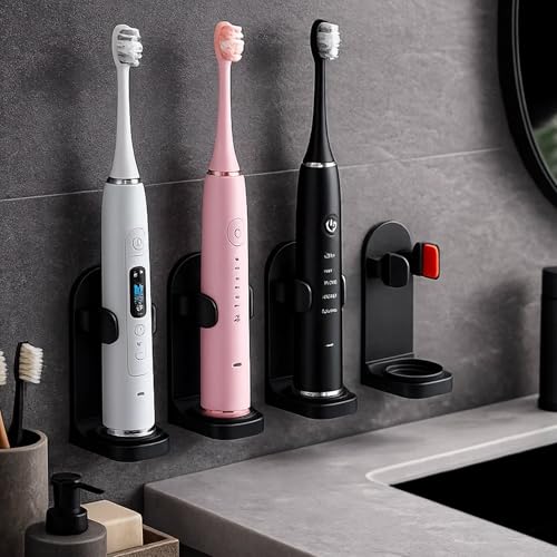 4 Pcs Electric Toothbrush Holder, Non-Drill Installation, Adjustable Size Plastic Toothbrush Holder, Bathroom Accessories Electric Toothbrush Holder(Black)