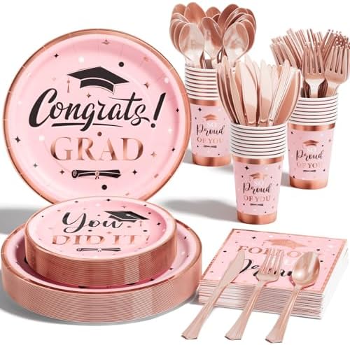 Graduation Decoration Class of 2024 Pink Graduation Decoration 175 PCS – Rose Gold Grad Party Supplies Disposable Dinnerware (Serves 25) Paper Plates Cup Napkin Fork Knife Spoon (Pink & Black)