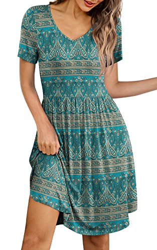 Anymeet Womens Summer Tshirt Dress Short Sleeve Casual Dresses Loose Beach Sun Dress Hide Belly With Pockets Blue-Khaki Large #TOP1