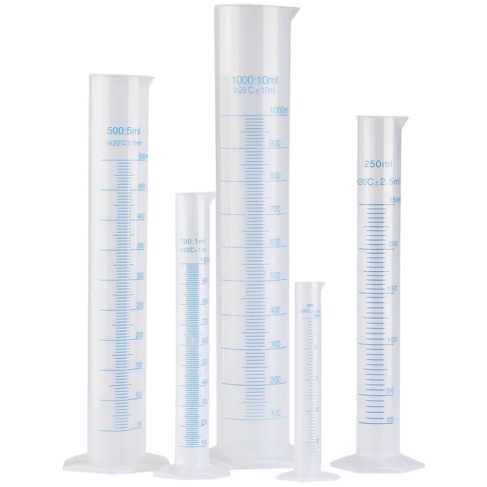 Kunststoff Messzylinder mit Skala 5 Stück für Labor und Schule | Pentagonale Basis, Rollstabiler Stand, 50ml bis 1000ml, zur Beobachtung von Flüssigkeitsänderungen
