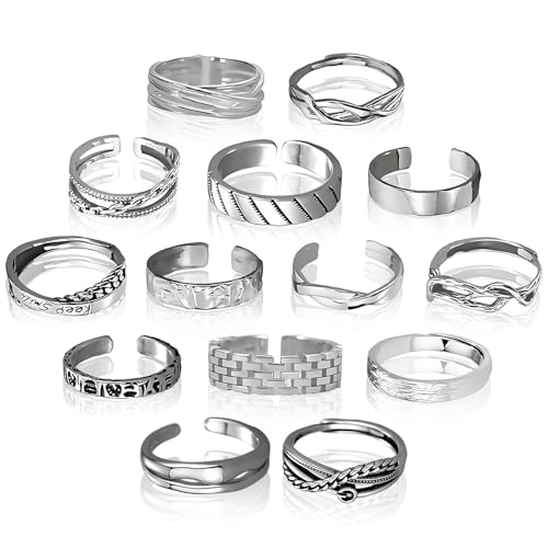pozuauoa 14PCS Set Mens Rings Silver, Adjustable Opener Silv