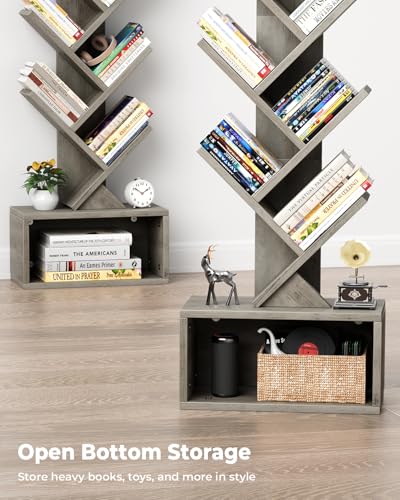 Evermagin 6 Tier Tree Bookshelf with Light, Small Bookcase Tower for Books/CDs/Movies, Sturdy Tall Floor Standing Book Organizer with Storage Cabinet for Living Room, Bedroom and Home Office, Gray - Thumbnail 4