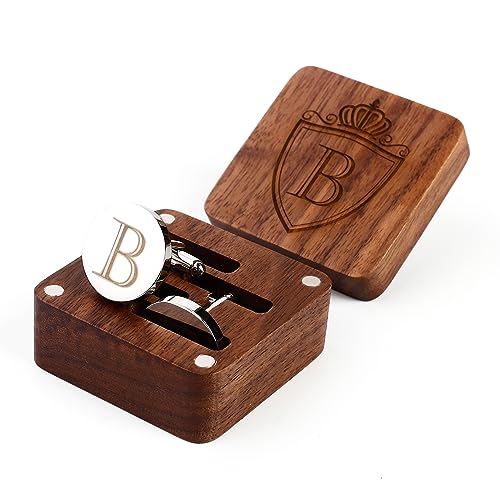 Mens Initial Silver Cufflinks A-Z Alphabet Letter Steel Cuff Links with Engraved Walnut Wood Box Groom Groomsman Wedding Set…