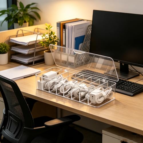 Image of cord organizer box, 10.2 x 3.5 x 2.2in, Desktop Cord Organizer with Compartments (1)