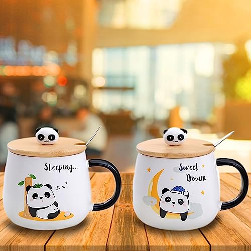 Image of BonZeal Ceramic Panda Mug Set with Lid & Spoon - 400 ml Teacup - Birthday Gift for Girls & Boys - Panda Lovers