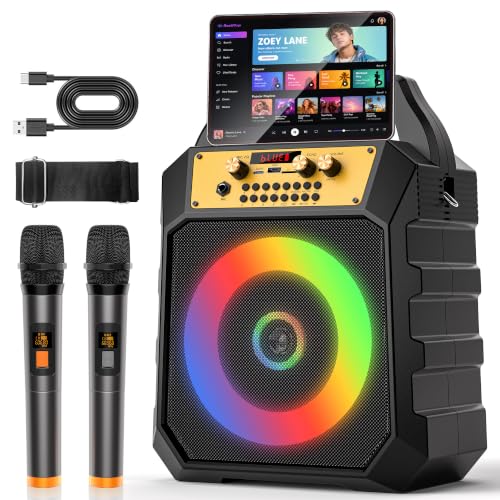 Portable Karaoke Machine for Adults & Kids Coaxial Speaker with 2 Wireless Microphones,Bluetooth PA System with 5 Dynamic LED Lights Mode,Supports TF/SD/USB,AUX,FM,REC for Home Party(171-black)