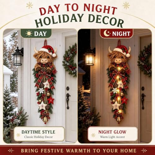Lighted Highland Cow Christmas Door Swag, 2026 Farmhouse Door Decor - image 5