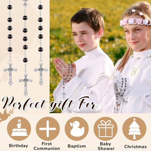 ROCEEI 12 Pcs 6mm Glass Pearl Prayer Beads First Communion Rosary for Girls and Boys Rosary Beads Catholic for Women Men with Crucifix Rosary Necklace for Kids Baptism in Holy Cup Metal Box (Black) - Thumbnail 6