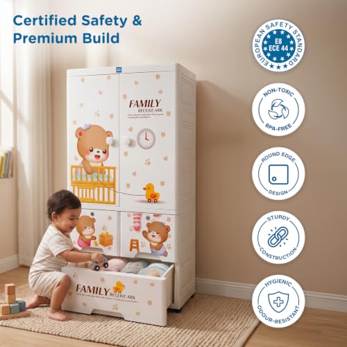 Image of Mee Mee Baby Teddy Kids Cupboard | 196L Storage Organizer | PP Plastic Kids Wardrobe with Drawers & Hanging Rod | Lockable Storage Cabinet for Baby Essentials