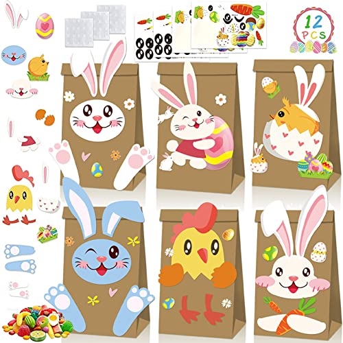 Sacs Cadeaux De Pâques,Sacs Cadeaux En Papier, 12 Sacs Cadeaux De Pâques Et Un Sac Avec Des Cartes (Lapin, Œuf, Poussin),4 Autocollants Colorés Et Colle Avec, Décoration De Pâques Cover