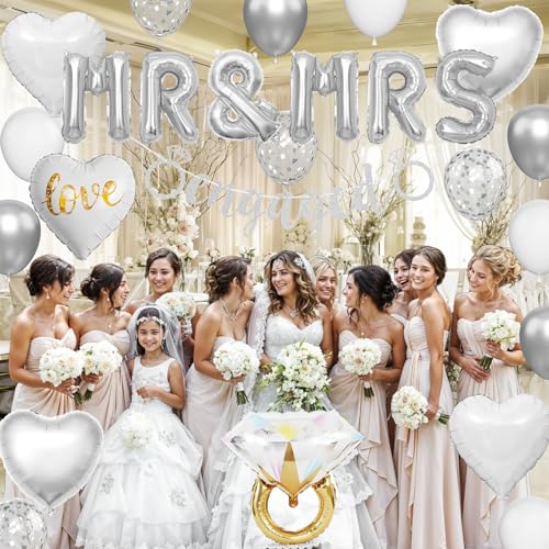 Image of Silver Engagement Party Decorations, MR and MRS Balloons Decor, Metallic